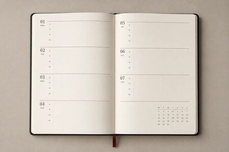 Dated weekly planner spread with seven day sections, time markers and a monthly calendar