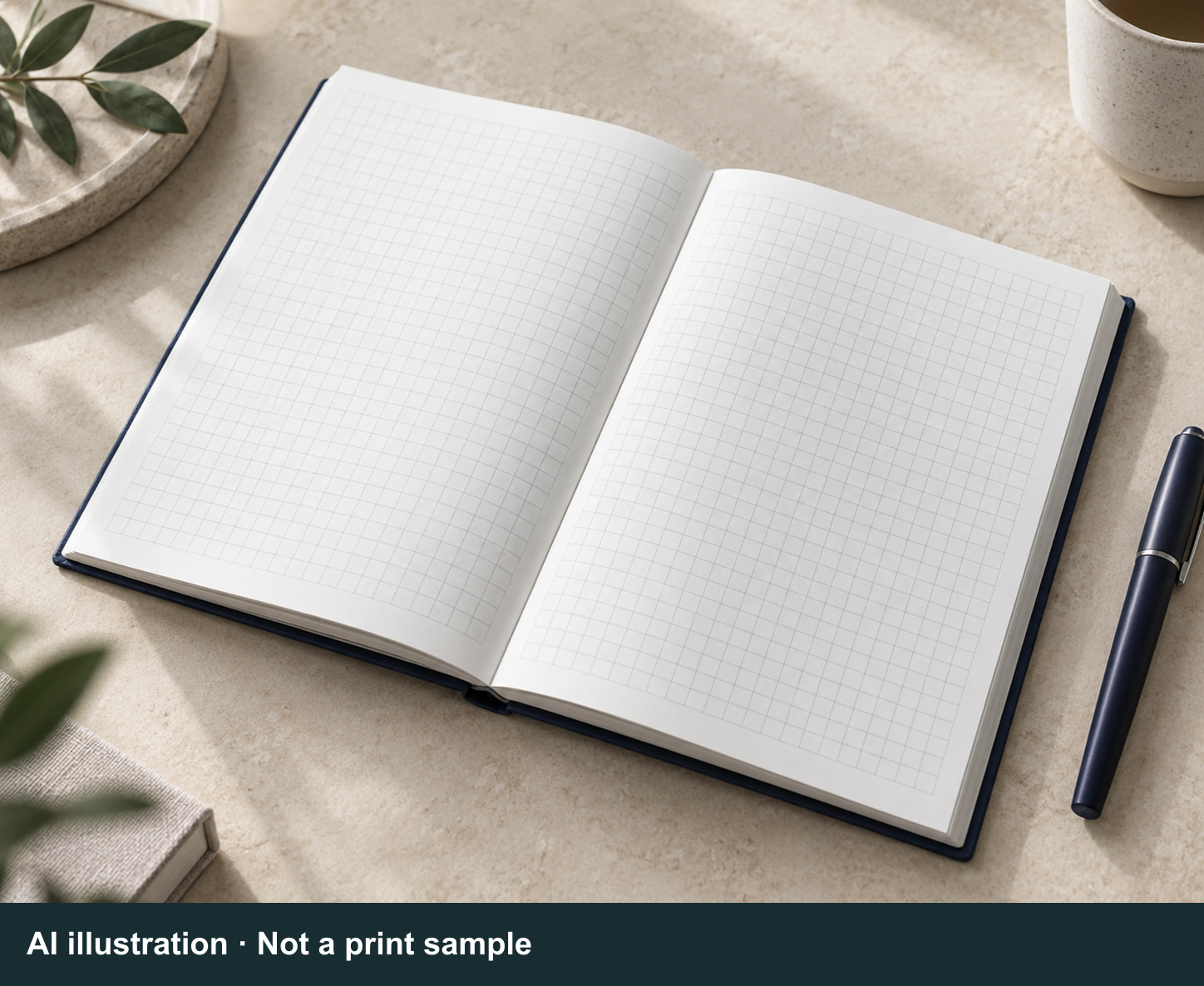 Notebook dan pena grid putih yang dihasilkan AI; bukan foto produk atau contoh cetak PUNDY