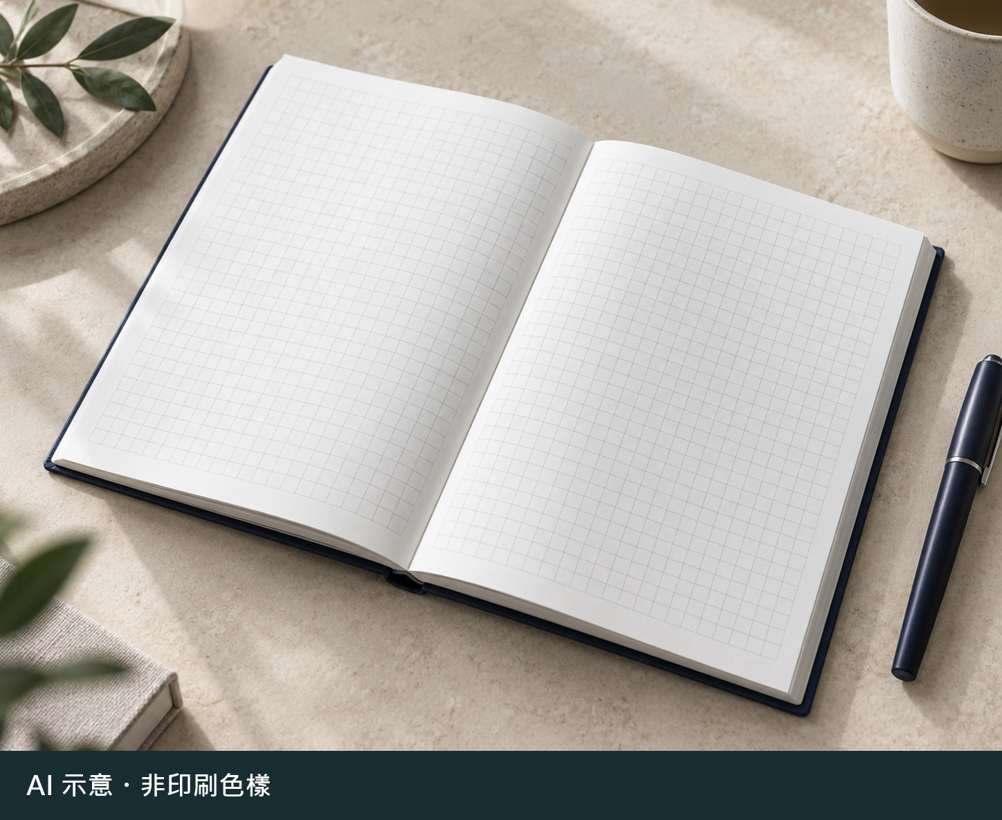 AI 生成的白色格線筆記本與筆，非 PUNDY 產品實拍或印刷色樣