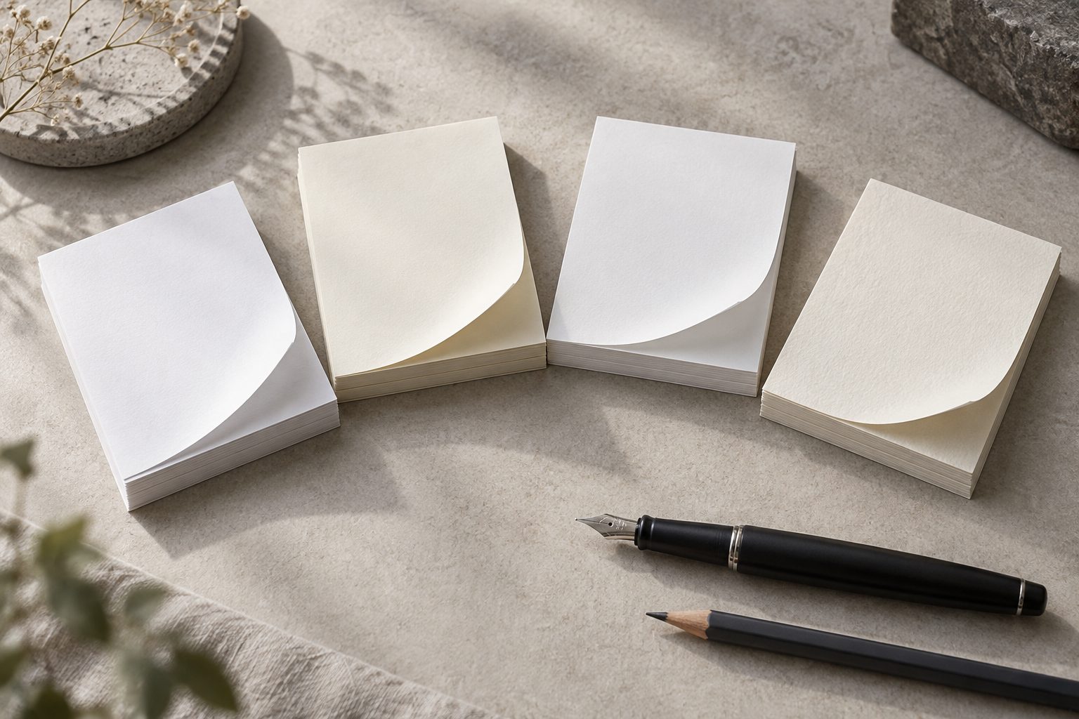 Four blank white and ivory paper samples with a fountain pen; AI-generated illustration.