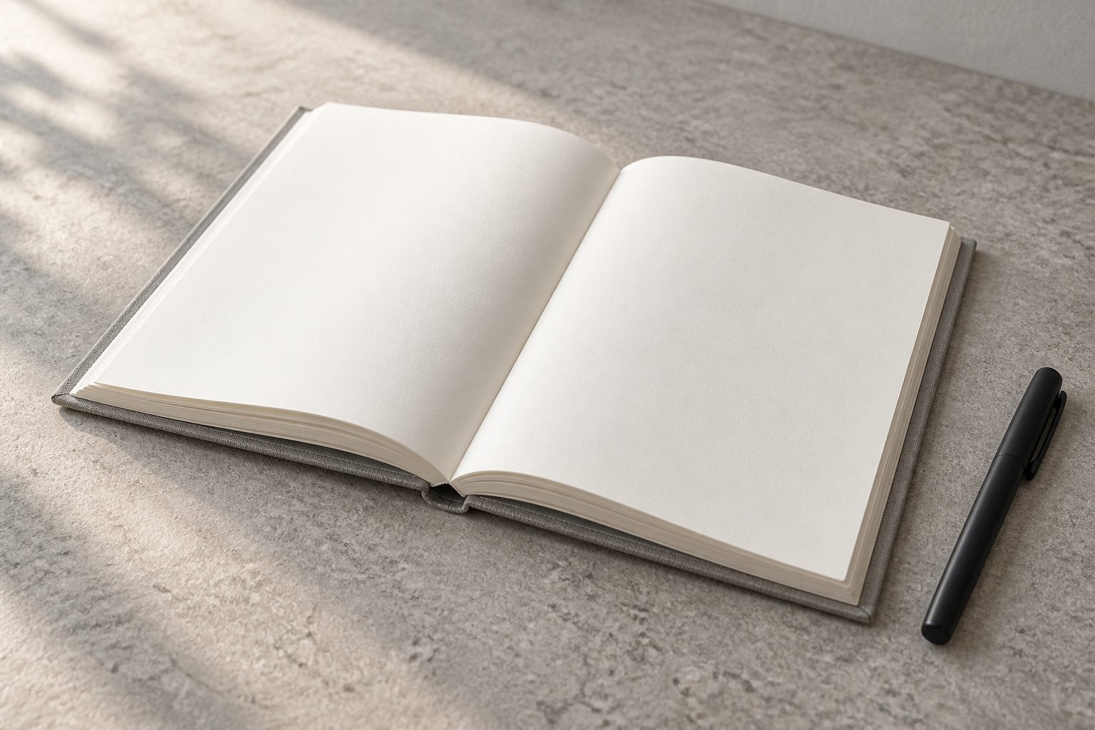 An open linen-cover notebook showing blank pages and layered paper edges; AI-generated illustration.