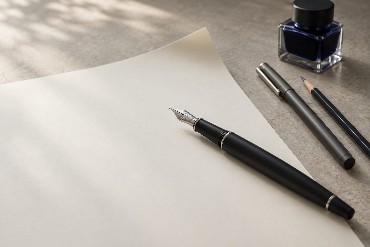 Fountain pen nib, blank paper and ink bottle in a close-up still life; AI-generated illustration.