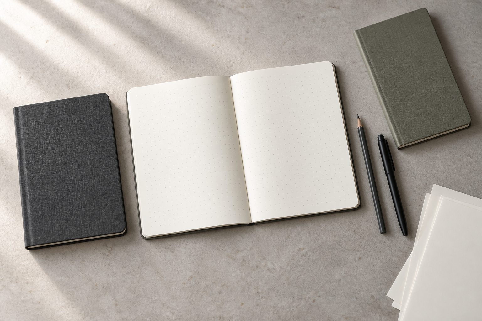 Different notebook sizes and page layouts beside everyday writing tools; AI-generated illustration.