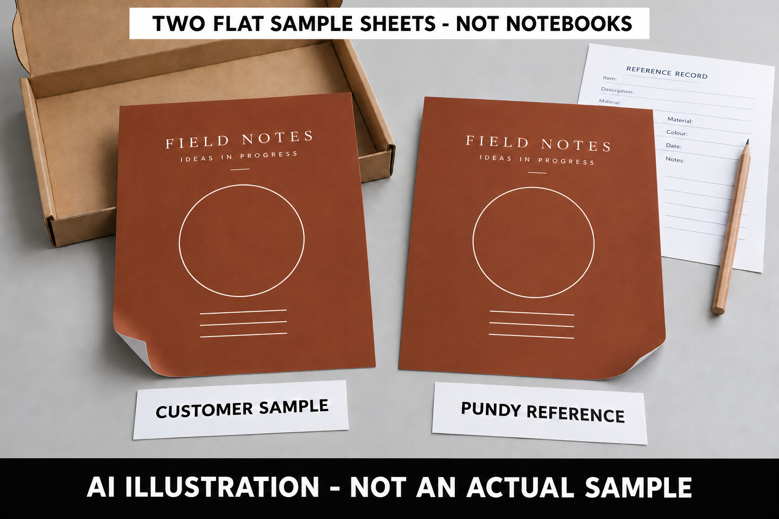Ilustração gerada por IA de duas folhas de amostra de papel soltas com o mesmo design: uma para o cliente e uma referência PUNDY. Não é uma remessa real nem uma correspondência de cores medida.