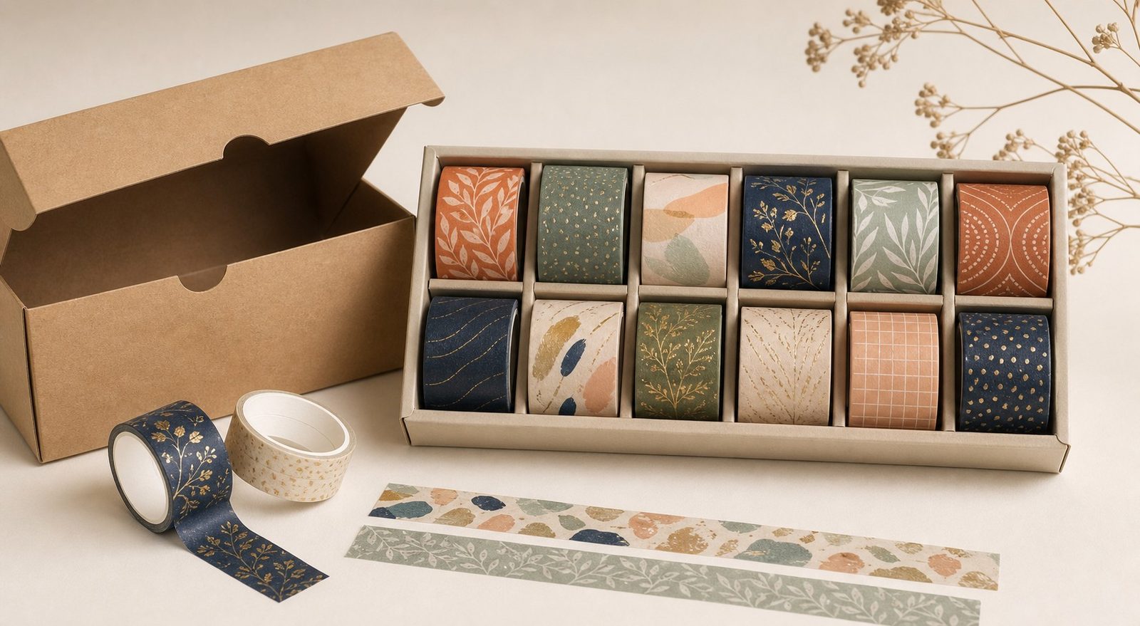 PUNDY coleção de fita washi personalizada por atacado organizada como uma gama coordenada de múltiplos designs