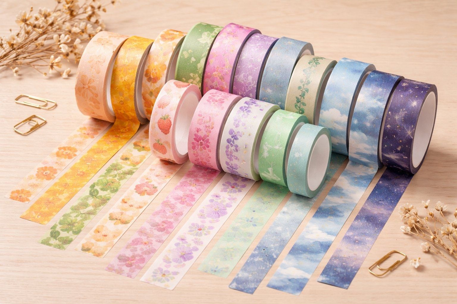 PUNDY 邦迪客制全彩和纸胶带——多卷展示花卉、植物与天空图案，台湾制造，适合企业礼赠品与OEM 买家