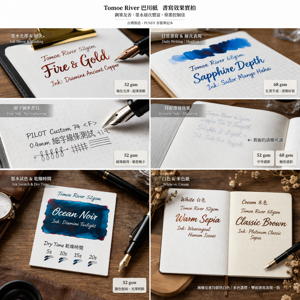 PUNDY 客製 Tomoe River 巴川紙筆記本 PUNDY 客製 Tomoe River 巴川紙筆記本,展示 52gsm 薄紙鋼筆書寫效果與 sheen 光澤
